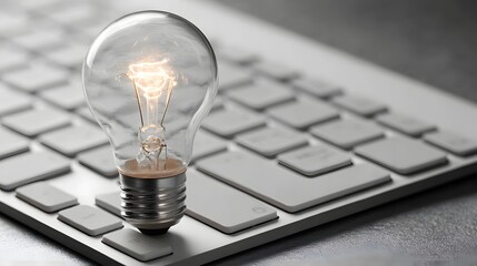 Illuminated incandescent bulb rests upon a light colored computer input device