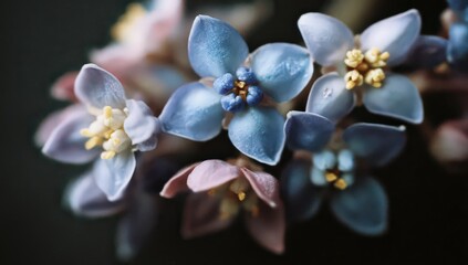 Close Up of Delicate Blue and Pink Flowers with Yellow Centers and Dark Background