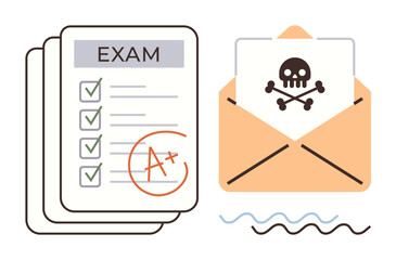 Exam papers marked with A grade next to an envelope with a skull as a cautionary symbol. Ideal for education, academic integrity, risk awareness, warnings, cybersecurity, misrepresentation, simple