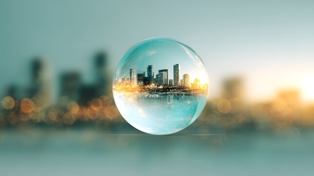 Clear sphere captures an inverted, illuminated metropolitan skyline against a blurred urban backdrop