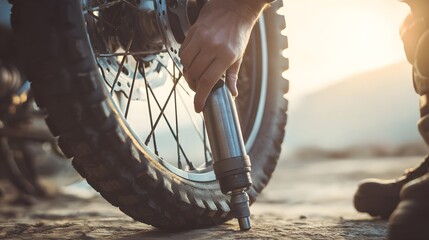 Person adjusts motorcycle tire pressure using a portable pump outdoors at sunset