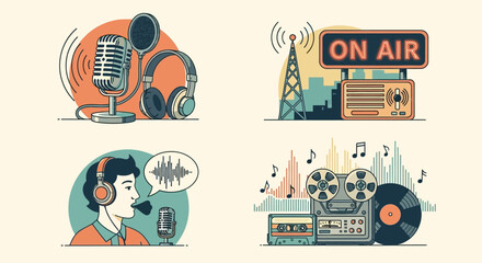 Retro Podcast Icon Set - Vintage Broadcasting Vector Graphics Collection