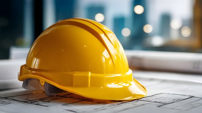 Bright yellow safety hard hat rests on architectural blueprints with blurred cityscape background