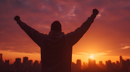Fototapeta premium Silhouette of an individual celebrating success with raised fists against a vibrant city sunset