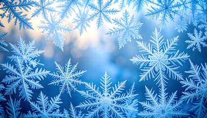 frosted glass surface filled with intricate blue ice crystals forming detailed winter pattern
