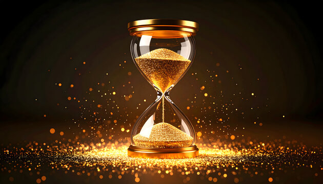 golden hourglass pouring shimmering sand with glowing particles creating warm elegant time concept