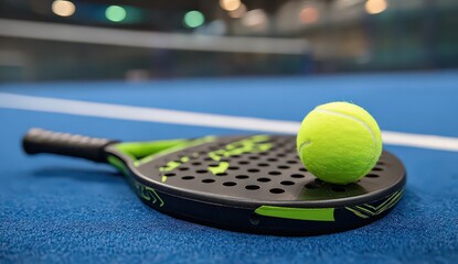 Close Up Tennis Ball on Paddle over Blue Surface with Blurred Background