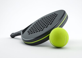 Close Up Studio Shot of Tennis Racket and Ball on White Background