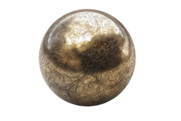 Ornate engraved golden sphere with swirling patterns on black background ball, Isolated On Transparent Background, Png Cut Out