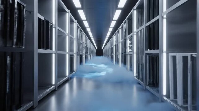 Futuristic Server Room with Glowing Blue Floor and Bright White Lights.