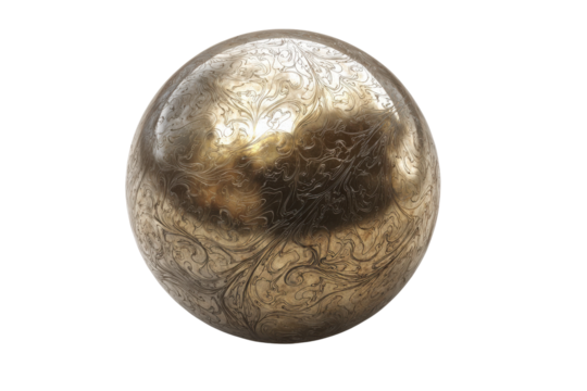 Ornate engraved golden sphere with swirling patterns on black background ball, Isolated On Transparent Background, Png Cut Out