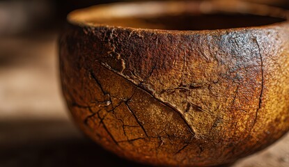 Close Up Textured Ceramic Bowl Showing Brown And Orange Hues with Cracks and Imperfections