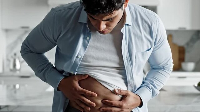 Worried Young Man Examining Belly Fat With Hands Wearing Blue Shirt and White T-shirt Against White Kitchen Cabinet and Countertop in Soft Indoor Lighting