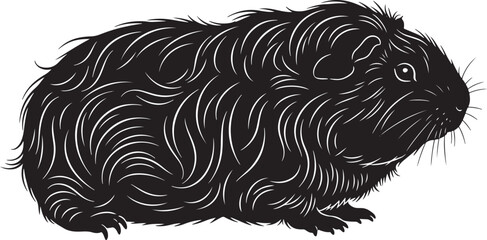 Detailed hatching style black and white drawing of a fluffy guinea pig side view showing texture and fur detail