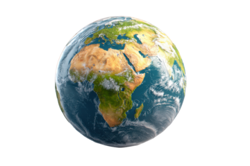 Realistic Earth globe with Africa Europe Middle East visible against black planet space, Isolated On Transparent Background, Png Cut Out