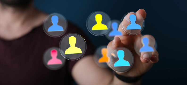 Hand interacting with digital interface showing networking and people icons. Concept of connection, communication, and digital society.