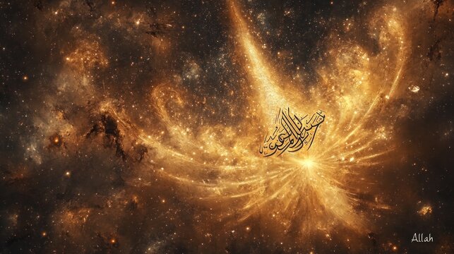 Calligraphic rendering of "Allah" in elegant Kufic script, formed from interwoven strands of pure, divine light, against a backdrop of cosmic dust