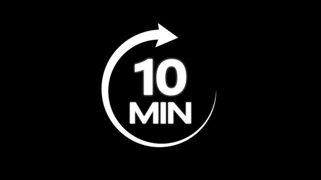 White color circle arrow refresh icon and 10 min timer icon animation on black background. Circular arrow timer icon 10 Min animation. 10 Minutes Time Loop Motion Design