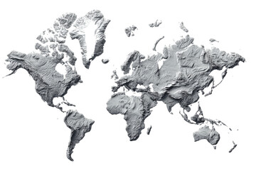 Textured 3 D world map relief in grayscale against black background globe earth, Isolated On Transparent Background, Png Cut Out