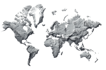 Textured 3 D world map relief in grayscale against black background globe earth, Isolated On Transparent Background, Png Cut Out