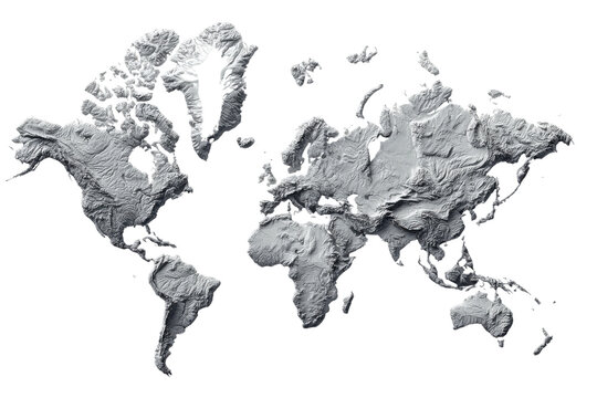 Textured 3 D world map relief in grayscale against black background globe earth, Isolated On Transparent Background, Png Cut Out