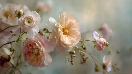 Close Up of Delicate Peach and Pink Blossoms with Water Droplets on Softly Blurred Background