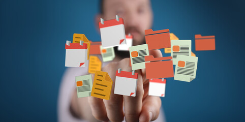 Business professional touching floating digital icons representing documents, calendars, and folders, perfect for technology and business themes