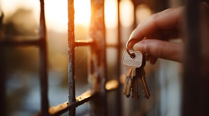 Human hand holding a set of metal keys near a sunlit rusty barrier