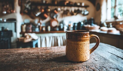 Close Up View of a Detailed Mug on a Wooden Surface With a Warm Kitchen Background