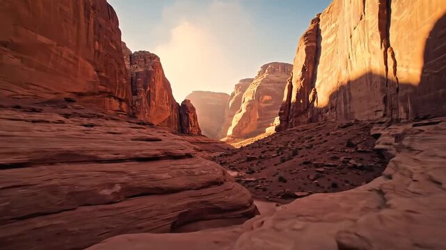 Majestic Canyon Landscape Bathed in Golden Hour Sunlight.