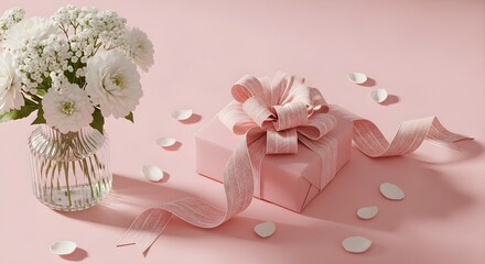 Elegant Pink Gift Box with Silk Ribbon and White Ranunculus Flowers. Minimal Feminine Celebration Still Life.