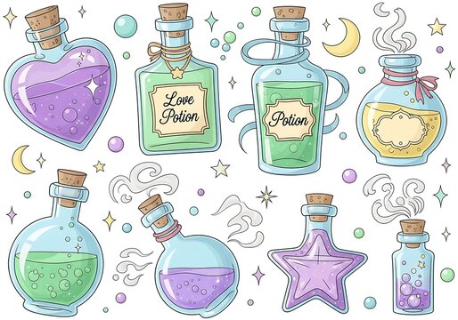 Enchanting pastel potion bottles collection, magical elixir vector illustration