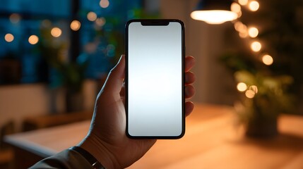 Human hand holding a modern rectangular mobile device with blank screen indoors during evening