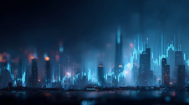 Illuminated cityscape features dynamic upward trending financial data visualization overlay