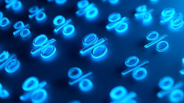 Glowing blue percentage symbols create a repeating digital pattern across a dark surface