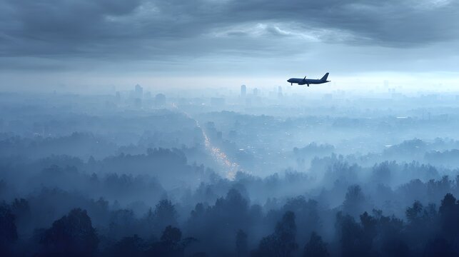 Silhouette of a large passenger airplane flying over a dense, misty forest landscape toward a distant metropolitan skyline under heavy cloud cover - Powered by Adobe