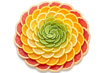 Vibrant citrus fruit arrangement, a colorful display on a white backdrop