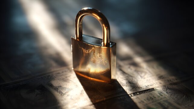 Polished metal padlock sits atop scattered paper currency under dramatic illumination