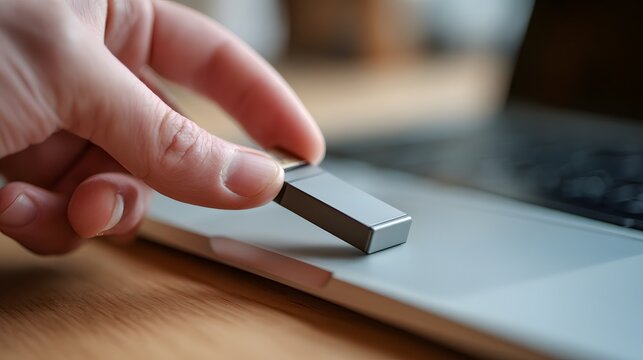 Person inserting small external memory device into portable computer port