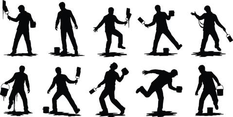 Silhouettes, painters, paintbrushes, paint cans, painting tools, dynamic poses, construction workers, home improvement, renovation, dripping paint, vector illustration