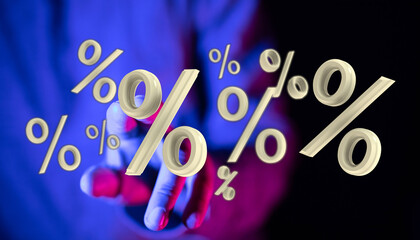 Abstract image showing a hand touching floating percentage signs, perfect for illustrating financial concepts like discounts, sales, interest, a