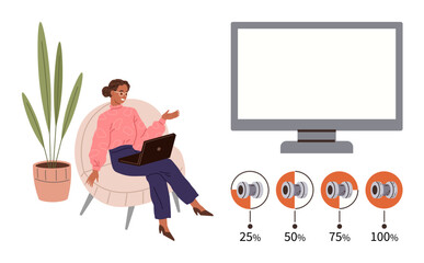 Woman seated with a laptop gesturing near a screen and volume icons showing levels. Ideal for remote work, content strategy, media usage, education, communication, technology, and digital workflow. A