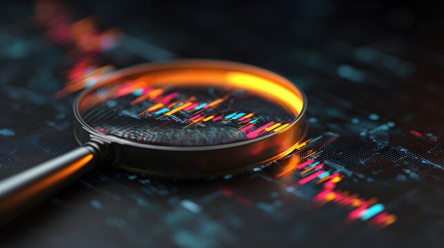 Magnifying glass examines intricate digital financial charts with vibrant color highlights