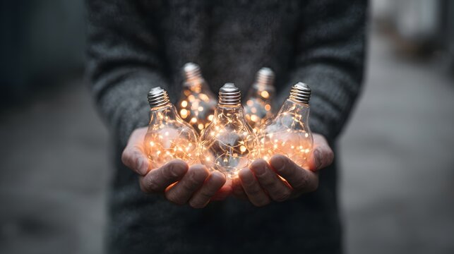 Person cupping several illuminated incandescent bulbs glowing with tiny warm lights