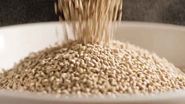 Closeup of grains pouring into a bowl food preparation concept.