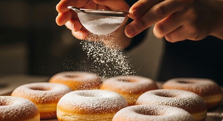 Powdered sugar being sprinkled over donuts for a sweet treat