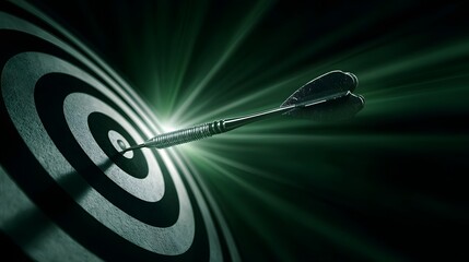 Metal dart pierces the precise center of a concentric game board under dramatic green illumination