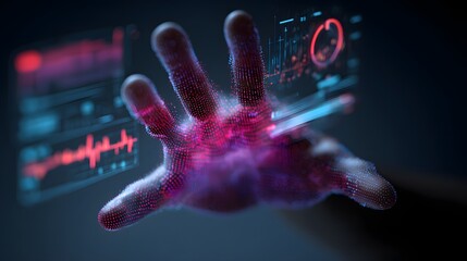 Digital outstretched hand interacts with glowing futuristic data interface elements