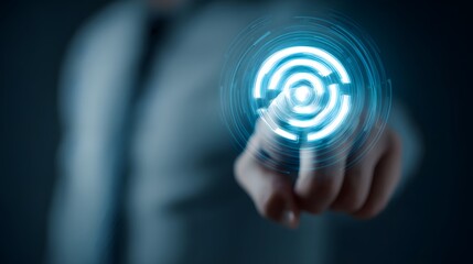 Human finger touches glowing digital interface element representing identification or access