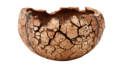 This image is a macro shot of a cracked brazil nut shell on white background 